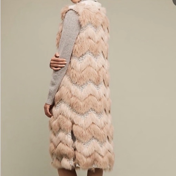 Anthropologie Hei Hei Chevron Faux Fur Long Vest Pink Gray + Pink Liner Sz Large - Picture 7 of 7